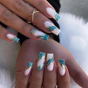 Kunstnagels 24pcs Lange Ballerina Franse Liefde Hart Groen Halo Geverfd Gouddraad Fake Nail Druk op Volledige Cover Tips