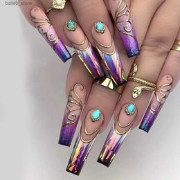 Valse nagels 24 stks lange ballerina nagels set druk op draagbare kunstmatige valse nagels met lijmrozen patroon ontwerpen nep nagels manicure tips y240419