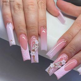 Uñas falsas 24pcs ballet largo uñas falsas uñas de cubierta completa con diseño de mariposa rosa diamantes puntas de uñas largas ataúd prensa en las uñas y240419