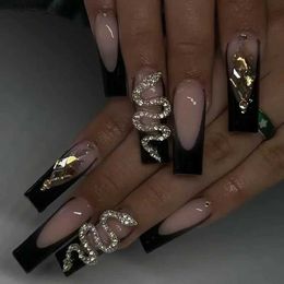 Valse nagels 24 stcs lange ballet slang ontwerpen valse nagels draagbare kist nep nagels met draak Rhinestone Franse volledige dekpers op nagels y240419jv7j