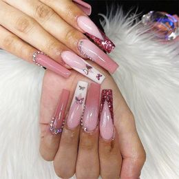 Valse nagels 24 stks lange kist Acryl Acryl nep draagbare ballerina vlinder glitter glitter volledig deksel nagels set pers op 230214