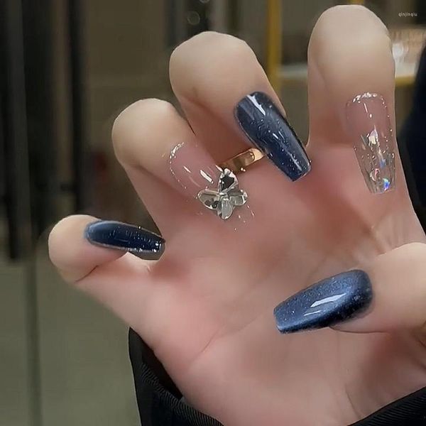 Uñas postizas 24 Uds ataúd largo mariposa azul ojo de gato uñas artificiales uñas falsas belleza dedo manicura