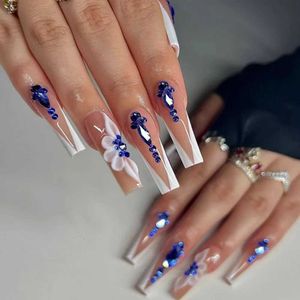 Valse nagels 24 stks lange kist valse nagels ballet Frans met strijkbeen draagbare nep nagels blauwe bloem volledige dekking druk op nagels tips kunst t240507