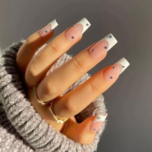 Uñas postizas 24 Uds ataúd largo diseño de diamante francés bailarina Artificial falsa con pegamento cubierta completa puntas de uñas prensa en NailFalse