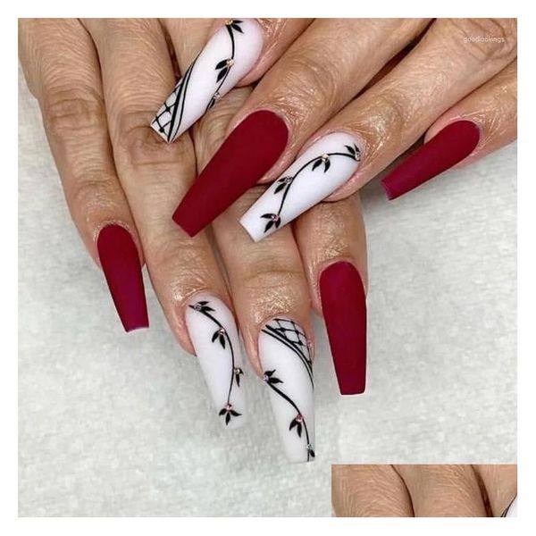 Falsas Nails 24 unids Prensa de ataúd largo en bailarina Rojo Blanco Mate Nail Acrílico Fl Er Hojas negras con herramientas Entrega de gota Salud Beaut Otacx