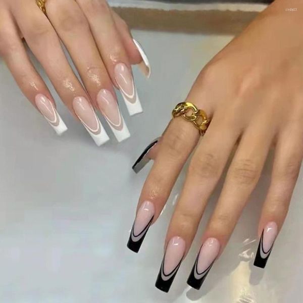 Faux ongles 24 pièces longue presse de cercueil sur les ongles noir blanc couleur ovale motif conseils Style français Salon artificiel acrylique