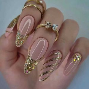 Valse nagels 24 stks lange Franse valse nagels amandel nep nagels met glanzende pailletten ontwerp streep afgewerkte druk op nagels draagbare ronde nageltips t240507