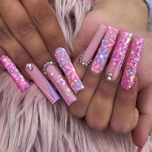 Faux ongles 24 pièces longs rose et violet fleur éclatant éclats rayé français faux portable couverture complète presse sur cercueil clou