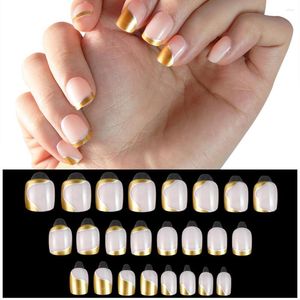 Faux Ongles 24PCS Longue Appuyez Sur La Conception De Bordure D'or Faux Couverture Complète Style Français Art Artificiel Astuce