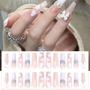 Faux ongles 24 pièces longue presse sur ongles blanc coeur arc Style doux couverture complète pièce finie avec gelée Gel/colle DIN889