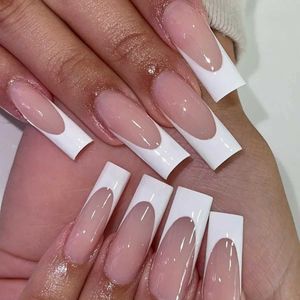 Valse nagels 24 stks lange vierkante valse nagels eenvoudige witte Franse nep nagels draagbare balletkist kist vol spijker tips acryl pers op nagels t240507