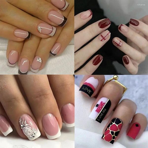 Uñas postizas 24 piezas Cuadrado largo Lámina de amor francesa Flores blancas Cubierta completa falsa negra Presione en las puntas de las uñas