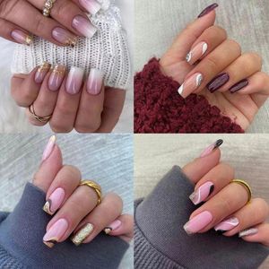 Uñas postizas 24 Uds cabeza cuadrada larga cristal brillante francés ondulado oro brillo amor corazón desmontable cubierta completa puntas de uñas