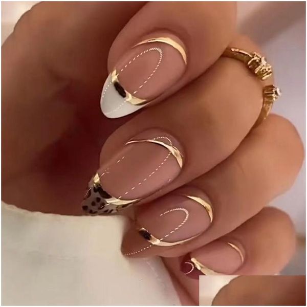 Falsas Nails 24 unids Long Stiletto Wave Peals Decorado Wearable French Fake Press en Leopard Print Almond Manicura Consejo 230413 Drop Deli Dhkyq