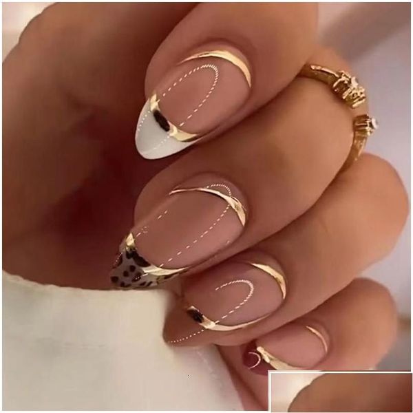 Falsas Nails 24 unids Long Stiletto Wave Peals Decorado Wearable French Fake Press en Leopard Print Almond Manicura Consejo 23041 Drop Delive Otxkw