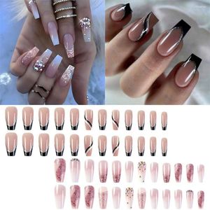 Faux Ongles 24pcs Longue T-forme Faux Tête Ronde Français Nail Glitter Poudre Strass Imperméable Faux Ongles Moyens