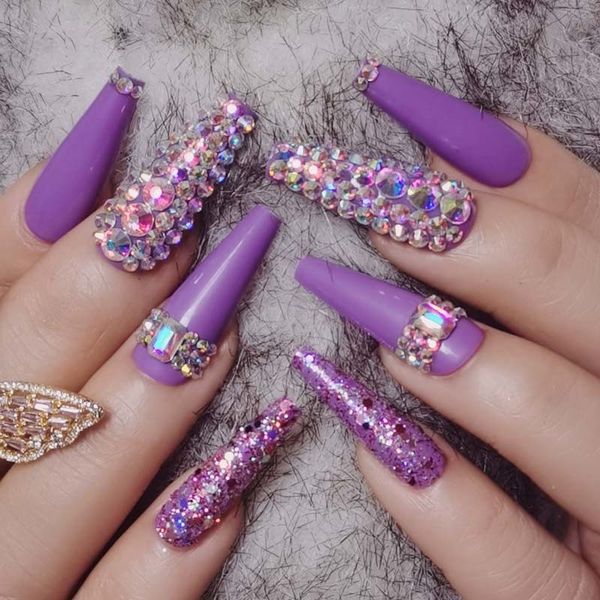 Faux ongles 24 pièces bijoux de luxe long ballet cercueil faux ongles cristal diamant violet 230619
