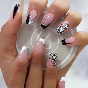 Uñas postizas 24 piezas Manicura DIY Negro Blanco Cubierta completa Flores dulces Bailarina Corta Francesa Falsa