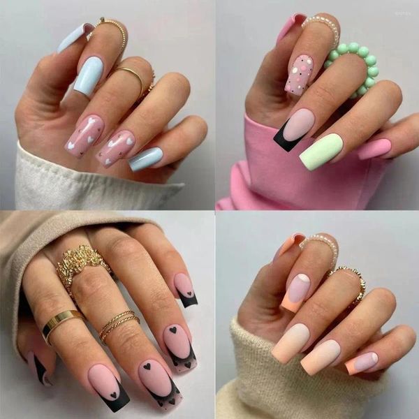 Uñas postizas 24 piezas Manicura DIY Nials falsos Prensa en corazón de amor francés cuadrado largo