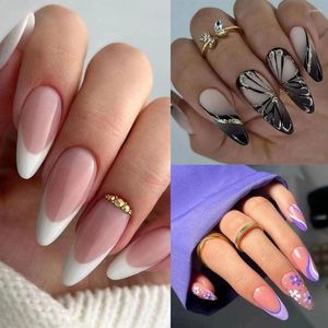 Uñas postizas 24 piezas Manicura DIY Flores moradas Falsas Nials Francés Borde blanco Blak Mariposa Larga Almendra