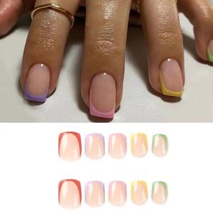 Faux Nails 24pcs Manucure Press sur DIY French Short Square Colorful Edge