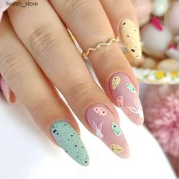 Valse nagels 24 -stcs matte op nagel paasdag nagel diy konijn shell patroon ontwerp valse nagels voor meisjes vrouwen draagbare nep nagels y240419 y240419