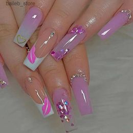 Valse nagels 24 stks midden-lengte paarse ballet valse nagels glitter met strijkhuizen Frans ontwerp draagbare nep nagels druk op nagel tips kunst y240419
