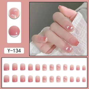 Faux ongles 24pcs mini fard à joues rose imprimé nuage avec paillettes pour la décoration quotidienne des étudiants