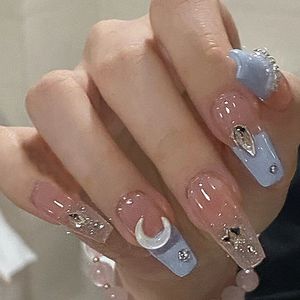 Kunstnagels 24 stuks Maan Ontwerp Strass Acryl Volledige dekking Lange kist Nep Afneembare Ballerina Nageltips Druk op 230922