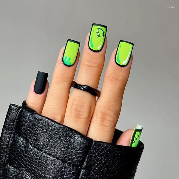 Faux ongles 24 pièces ongles détachables Art presse sur vert vif mode Style européen manucure dessin animé faux