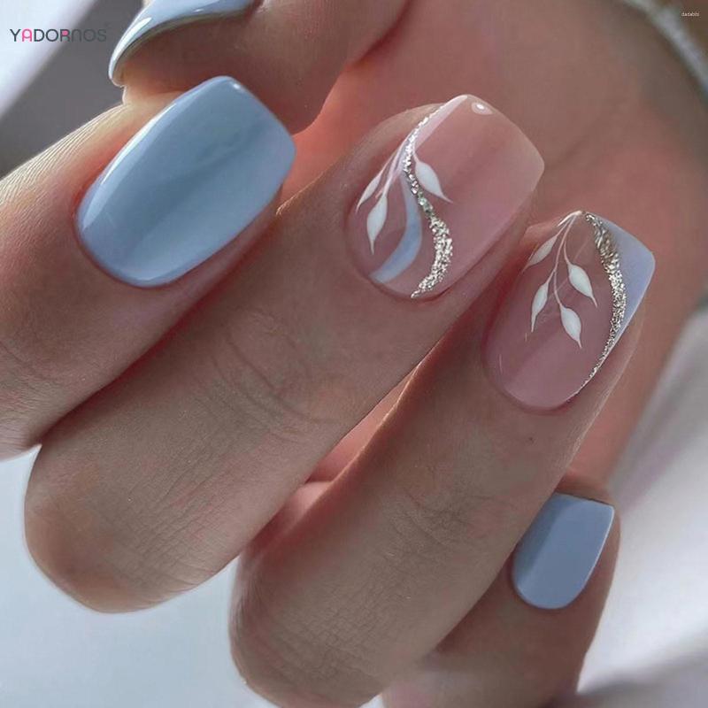 Falska naglar 24st nagel ljusblå rosa bladtryck design tryck på tips tipching falsk kvinna diy hem finger dekoration