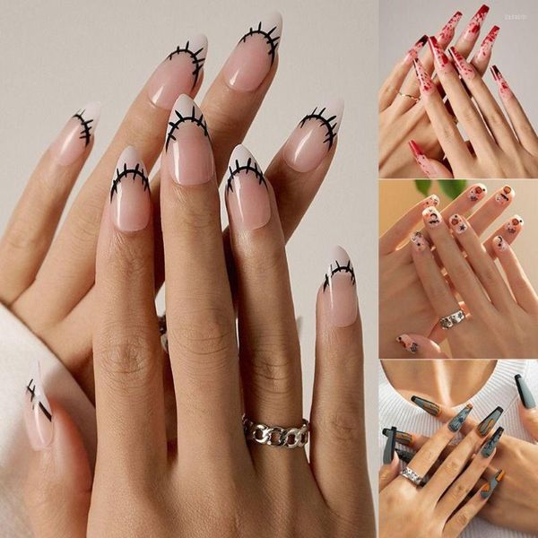 Faux ongles 24 pièces bout d'ongle bricolage toile d'araignée amande couverture complète français faux Halloween long cercueil ballerine et court