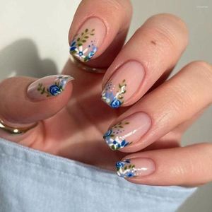 False nagels 24 -sten nagelstips Blue Rose Diy Press op kleurrijk blad lang vierkant Frans