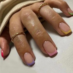 Uñas postizas 24 piezas Puntas de uñas DIY Nials falsos Borde colorido francés Cuadrado corto