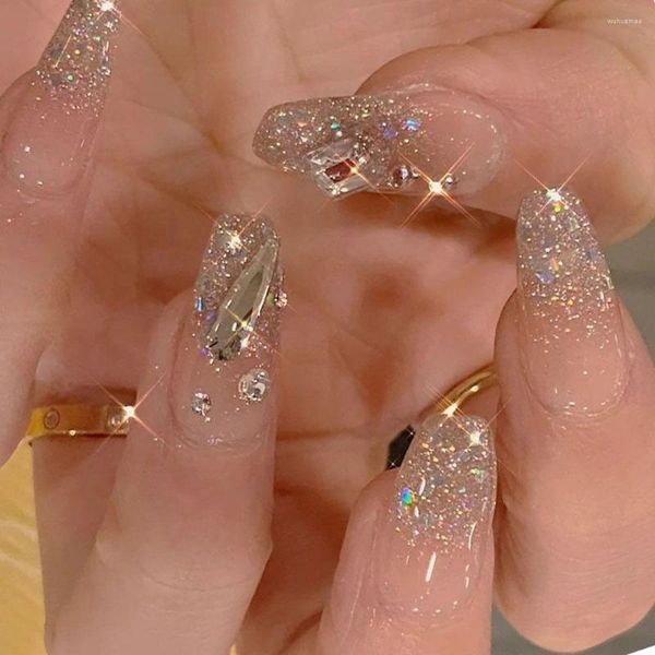 Faux ongles 24pcs conseils d'ongles bricolage glace transparente couverture complète paillettes strass ballerine longue faux français