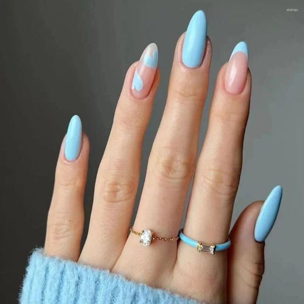 Uñas postizas 24 piezas Puntas de uñas Nials falsas DIY Ondulado Azul Amor Corazón Francés Largo Almendra