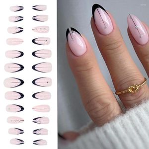Valse nagels 24 -sten nagel tips nep nials manicure diy zwart kristal lange amandel Frans
