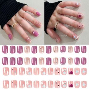 Valse nagels 24 -sten nagel tips manicure liefde diamant afneembare korte vierkante parel nep