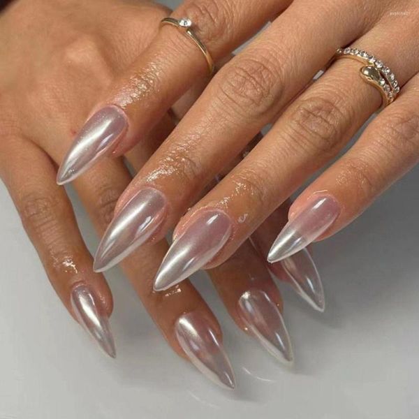 Faux Ongles 24pcs Nail Tips Manucure Simple Fake Nials Press On Frosting Silver Long Amande Français