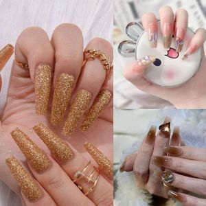 False nagels 24 -sten nagelpunten Druk op Volledig deksel Glitter Gold Crystal Ballerina Long Fake French
