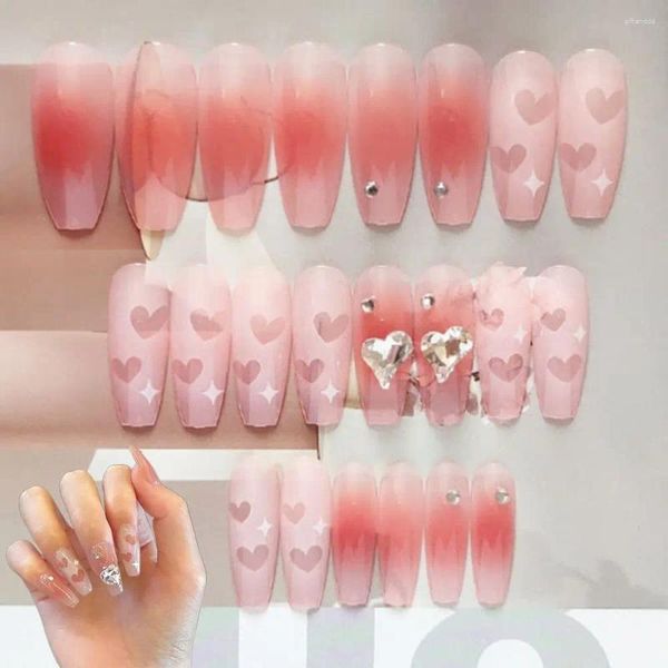 Faux ongles 24pcs conseils d'ongles presse sur couverture complète grand coeur tordu rose peint à la bombe amour français long faux