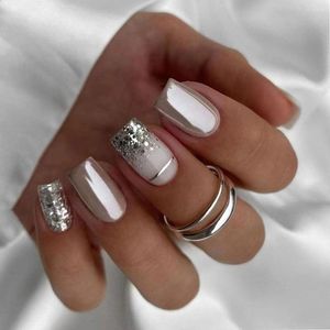 Valse nagels 24 -sten nagelpunten druk op glitter diy zilveren lang vierkant Frans