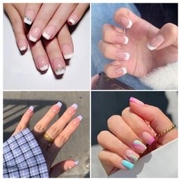 Valse nagels 24 -stks naakt roze Franse witte zijde korte eenvoudige nagelweer schoonheidsdruk op nep volledige cover kunstmatige tips 230425