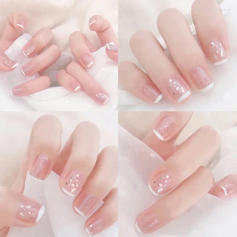 False Nails 24st Natural Temperament French Simple Short Style Acrylic Classical Fake with Lim Diy Art Manicure Products MH88
