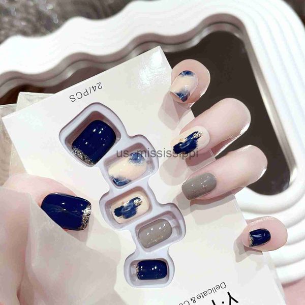 Uñas postizas 24 piezas Azul marino Uñas postizas cortas Cabeza cuadrada brillante Patrón de mármol Uñas acrílicas artificiales Prensa corta en pegatinas para uñas x0826