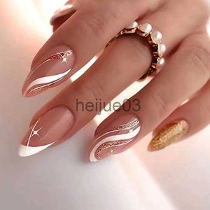 Valse nagels 24 stks nieuwe pers op nagels ovale kop glitter goud folie franse valse nagel patch amandel witte golf ster y2k ontwerp kunstnagels x0703