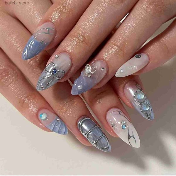 Faux ongles 24pcs Ocean 3d sirène Bubble perles conception d'amande press sur des ongles STILETTO Faux ongles avec de la colle Love French Stick on Nails Y240419