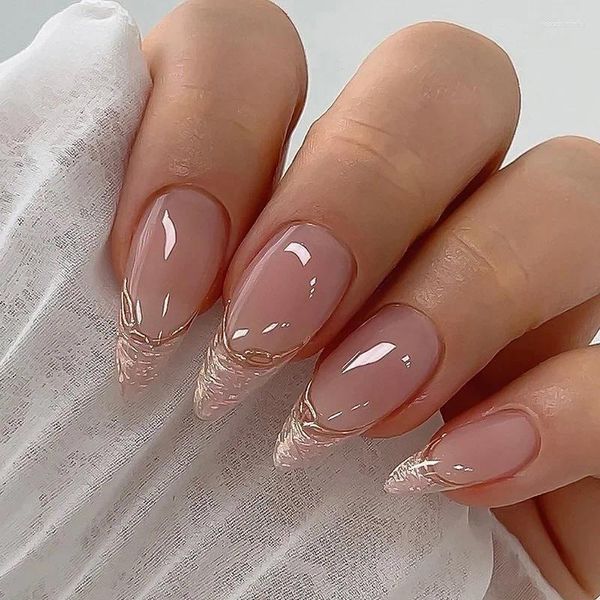 Faux ongles 24 pièces tête ovale brillant doré amande artificielle faux avec colle couverture complète pointes d'ongles presse sur manucure bricolage