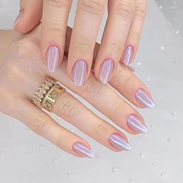 Faux ongles 24pcs ovale tête ronde faux ensemble presse sur amande aurore flash rose violet nail art couverture complète ins style conseils