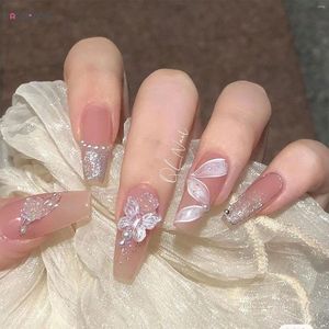 Faux ongles 24 pièces perle décorée blanc papillon fleur décor faux pour manucure ensemble fée fille mariée artificielle ongles conseils